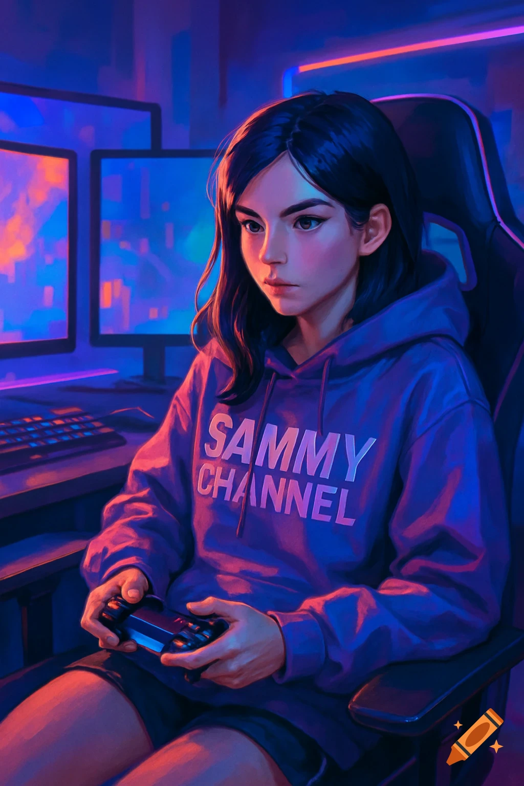 A digital illustration of a girl in a gamer chair, holding a controller. She wears a purple 'Sammy Channel' hoodie, with glowing monitors behind her.