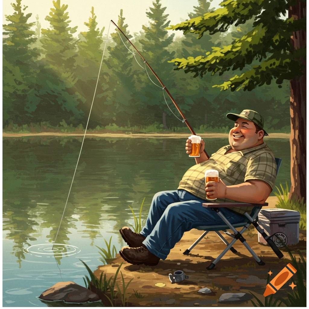 A plump man smiles while sitting on a chair, fishing by a lake and holding two glasses of beer. Pine trees line the background.
