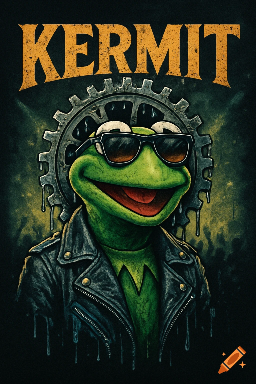 Kermit the Frog wearing sunglasses and a leather jacket, with a gear behind his head, in a rock band poster style. The word 'KERMIT' is above.