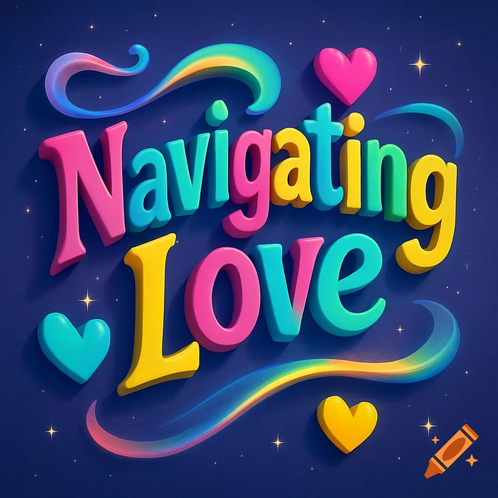 Colorful 3D letters spelling "Navigating Love" with hearts and rainbow swirls on a starry dark blue background.