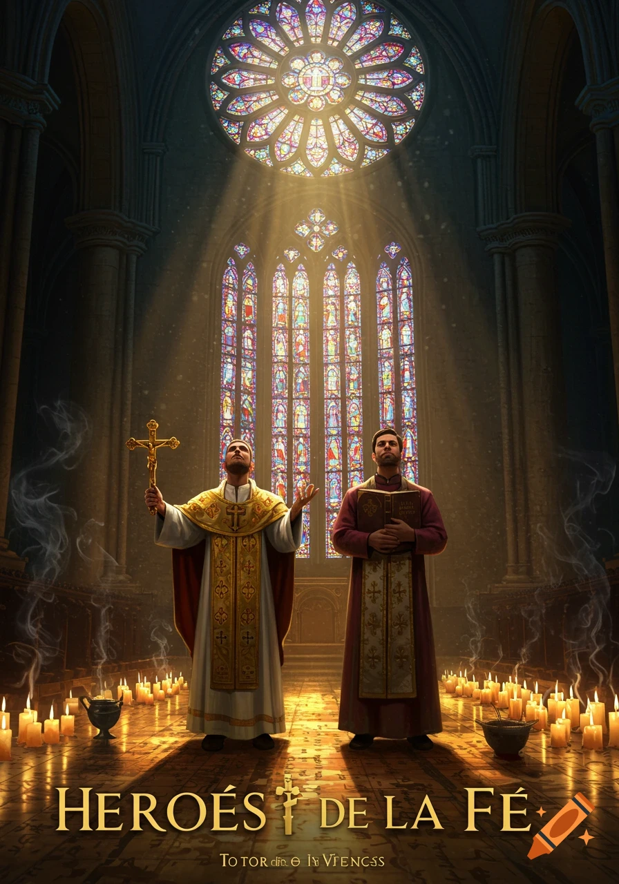 Two priests stand in a grand cathedral with stained glass windows and many lit candles, bathed in light from above. Text reads "HEROES DE LA FE" at the bottom.