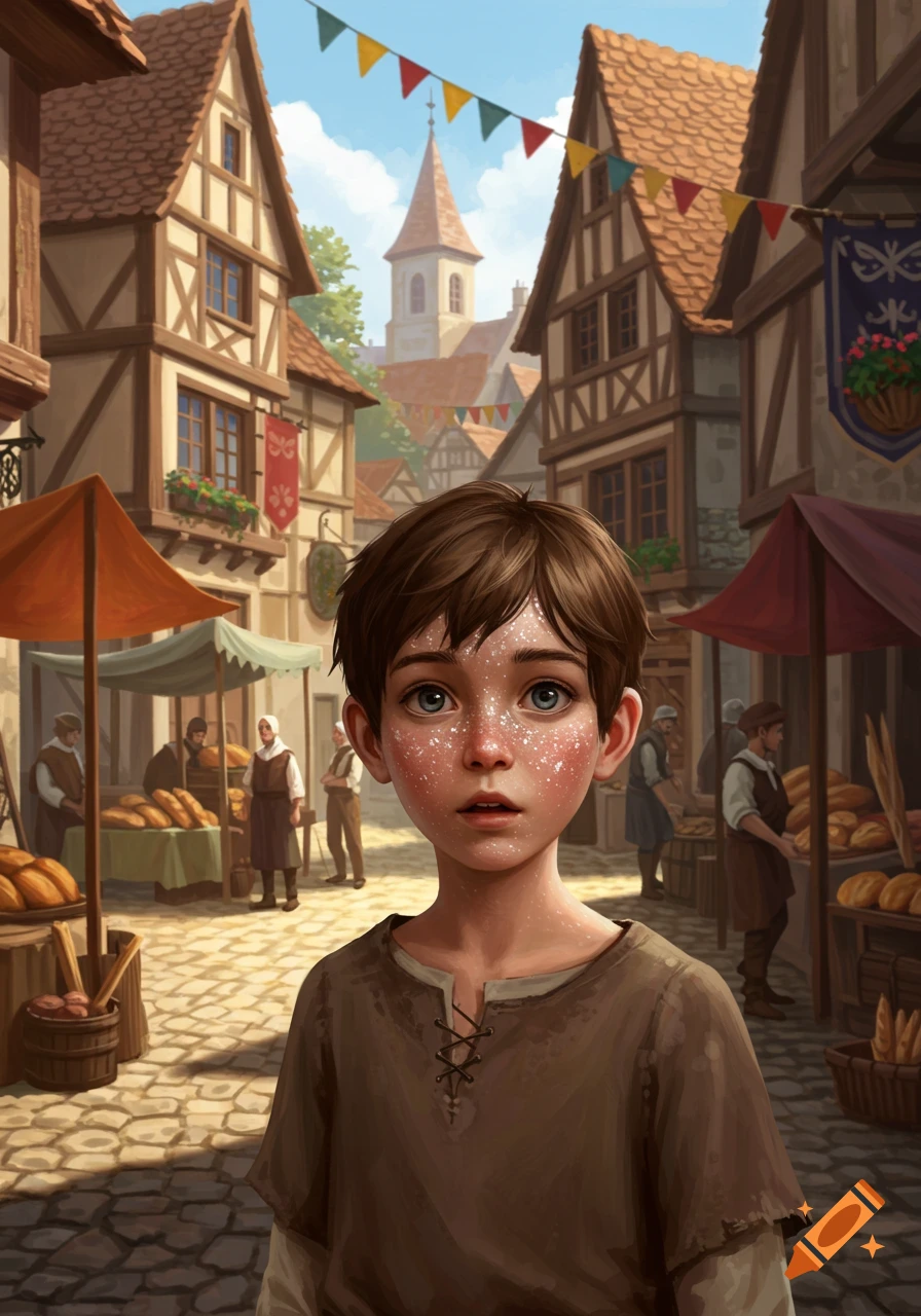 A boy with silver freckles stands in a bustling medieval village street with market stalls and half-timbered houses.