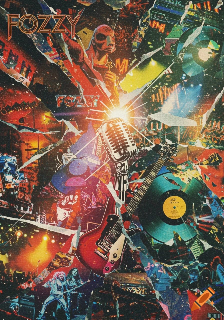A vibrant, fragmented collage with a vintage rock aesthetic, featuring a microphone, electric guitar, vinyl records, stage lights, and band members, with "FOZZY" text.