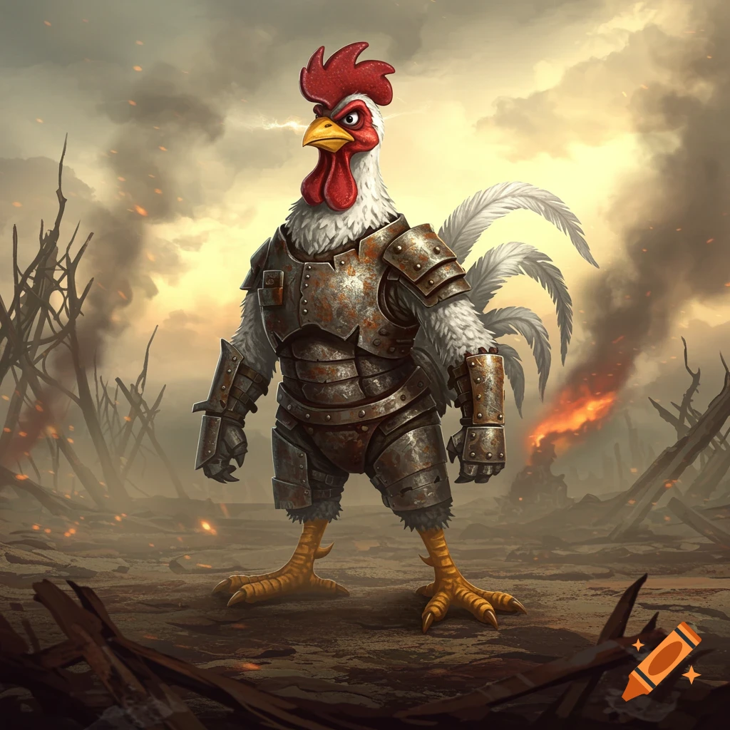 A cartoon rooster wearing rusty armor stands on a desolate, smoky battlefield with fires in the background.
