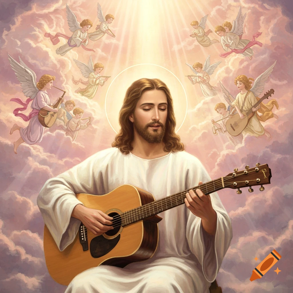 Jesus Christ with long brown hair and beard plays an acoustic guitar, surrounded by angels on clouds with musical instruments, under a bright light.