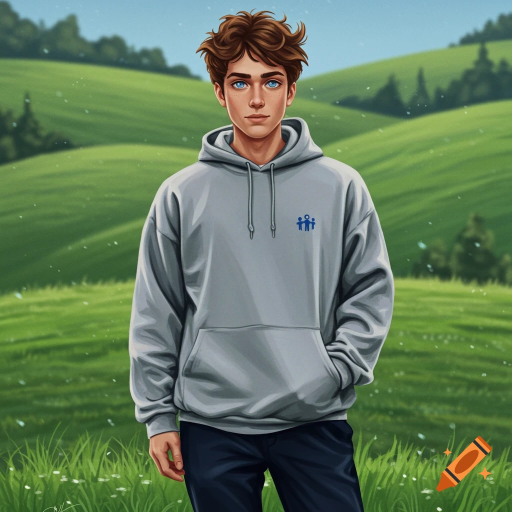 An illustrated young man with brown hair and blue eyes stands in a green field, wearing a gray hoodie with a blue symbol.