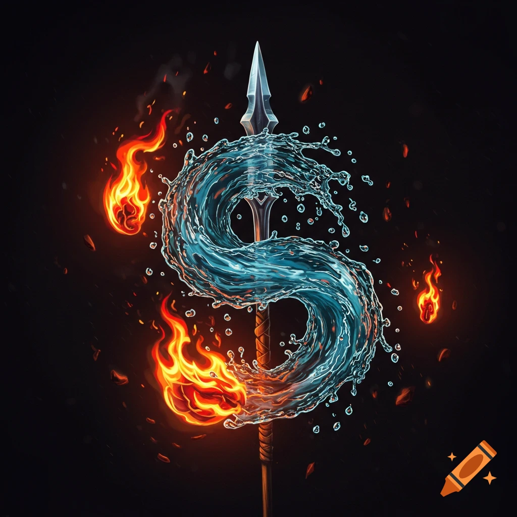 A stylized spear wrapped in swirling blue water and orange flames against a dark background.