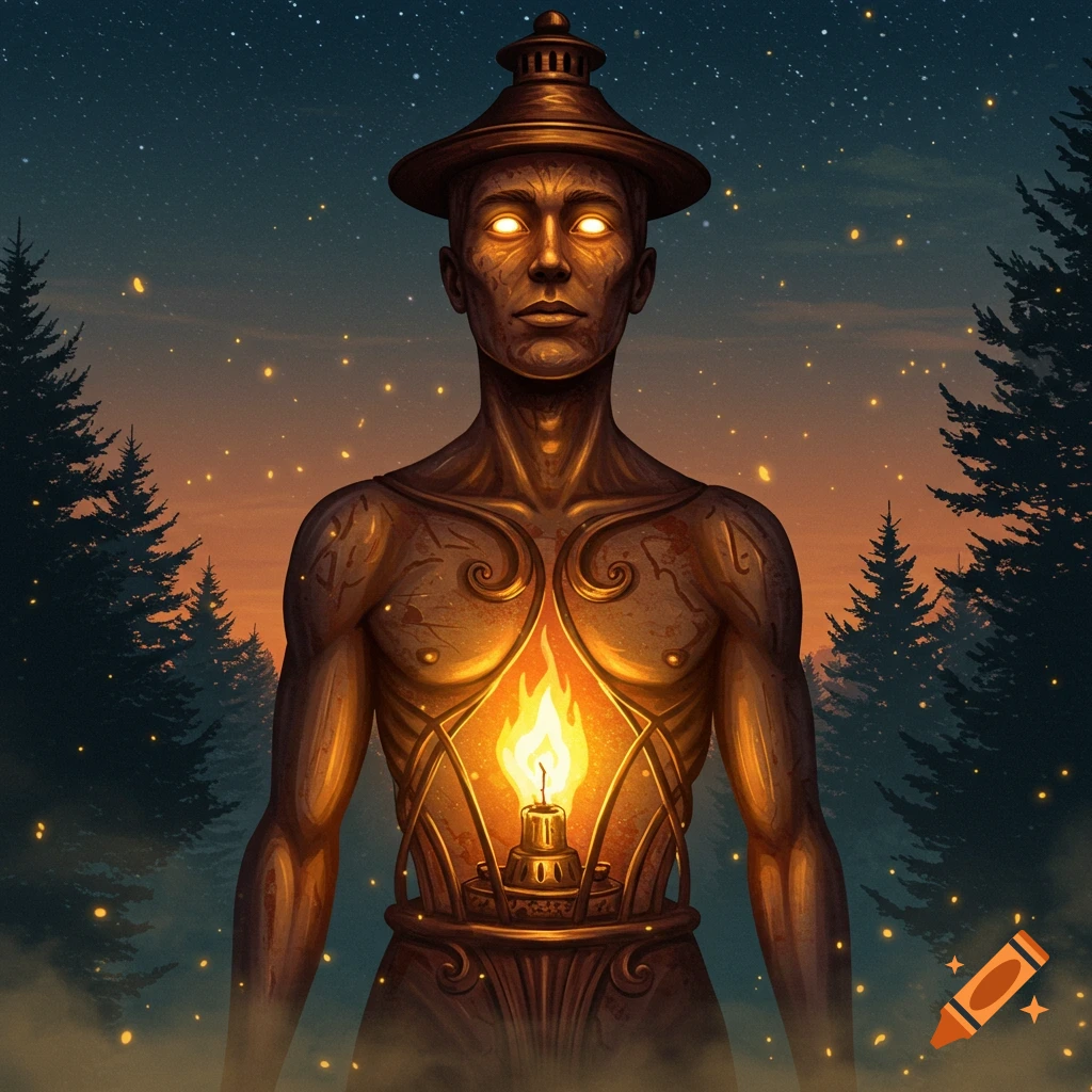 A mystical, glowing man with a lantern hat and a candle flame in his chest stands against a starry night sky and a forest.