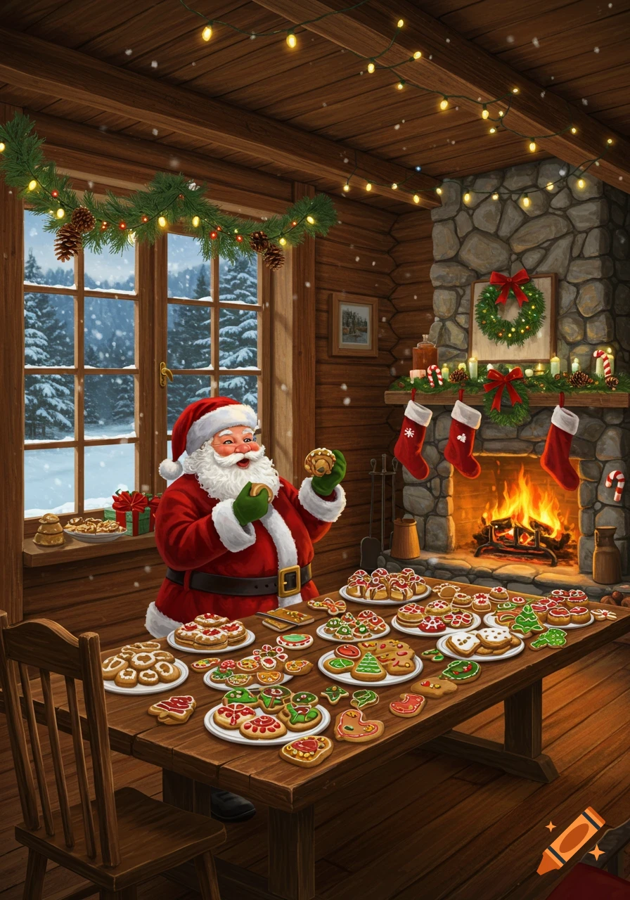 Santa Claus in a cozy log cabin by a fire, smiling while eating a cookie at a large table filled with decorated Christmas cookies.
