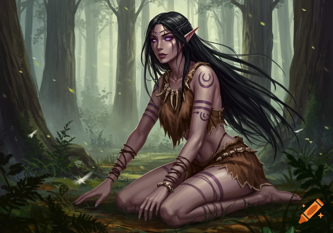 A dark-haired elf woman with purple eyes and tribal markings, wearing a brown prehistoric outfit, kneels in a misty forest.