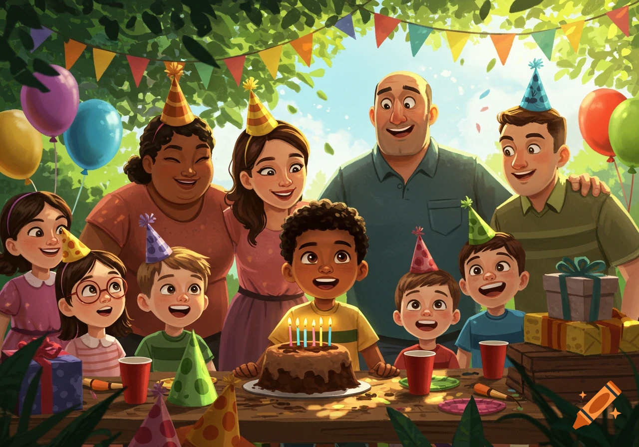 A diverse family and friends, including adults and children, celebrating a child's birthday outdoors with a chocolate cake, candles, balloons, and party hats in a bright, colorful illustration style.