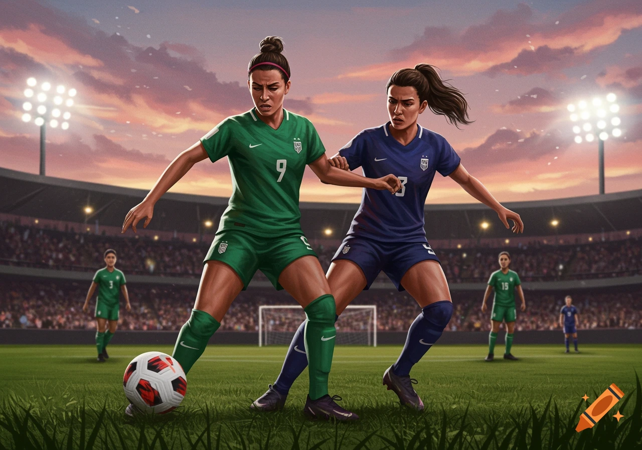 Two female soccer players, one in a green jersey with number 9 and one in a blue jersey with number 3, battle for the ball on a stadium field during sunset.