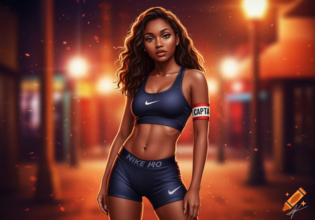 A stylized digital art portrait of a woman in a navy sports bra and Nike Pro shorts, wearing a red 'CAPTA' armband, standing outdoors at night with blurry streetlights in the background.