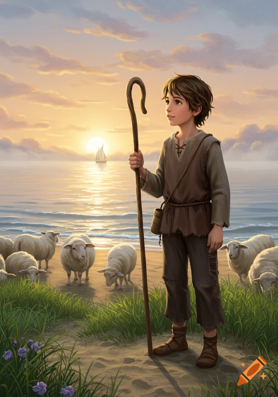 A young shepherd boy holding a staff stands on a sandy beach with sheep, looking out at a sailboat on the ocean at sunset.