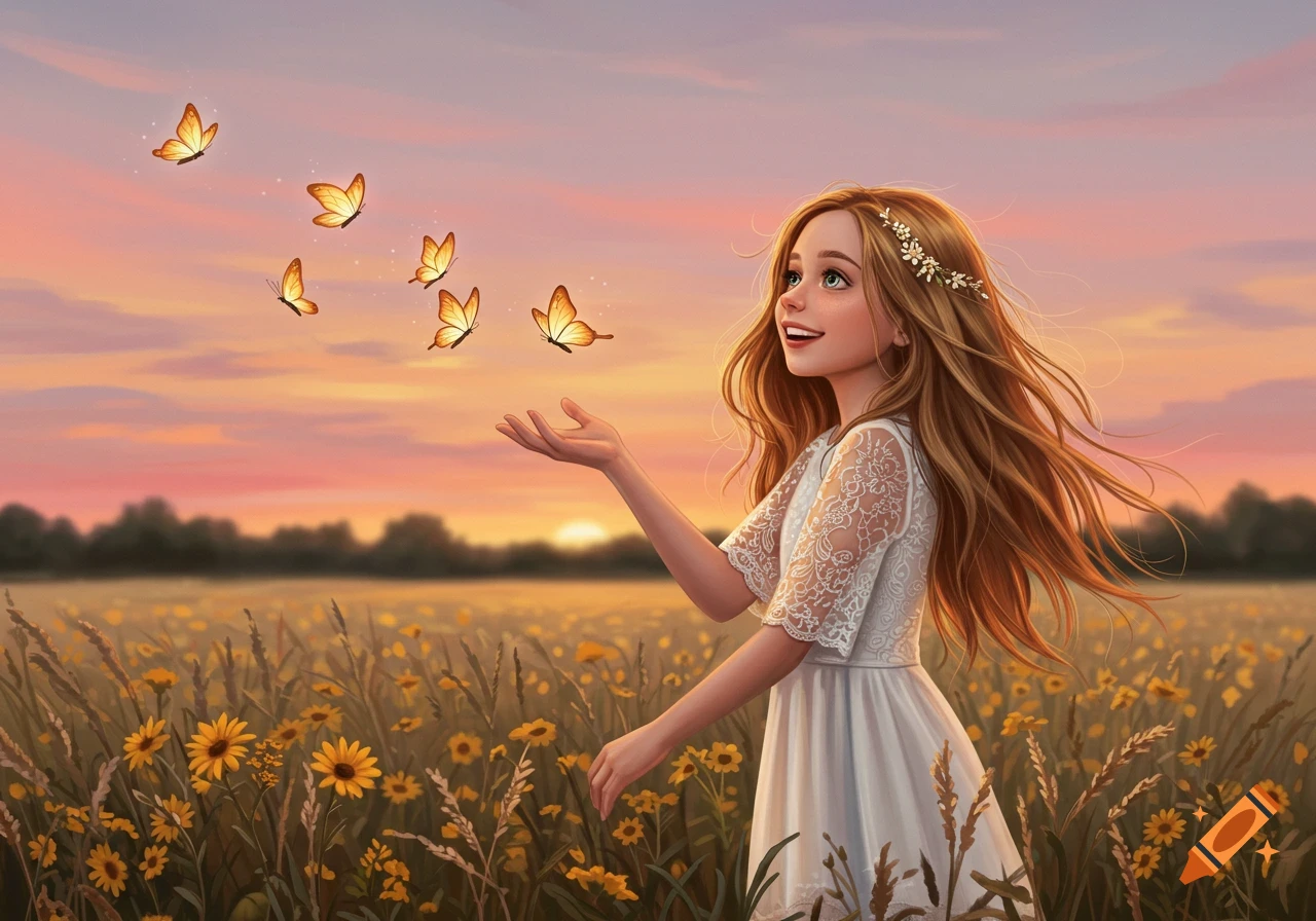 A young girl with long flowing hair and a white dress stands in a sunflower field at sunset, looking up at golden butterflies.