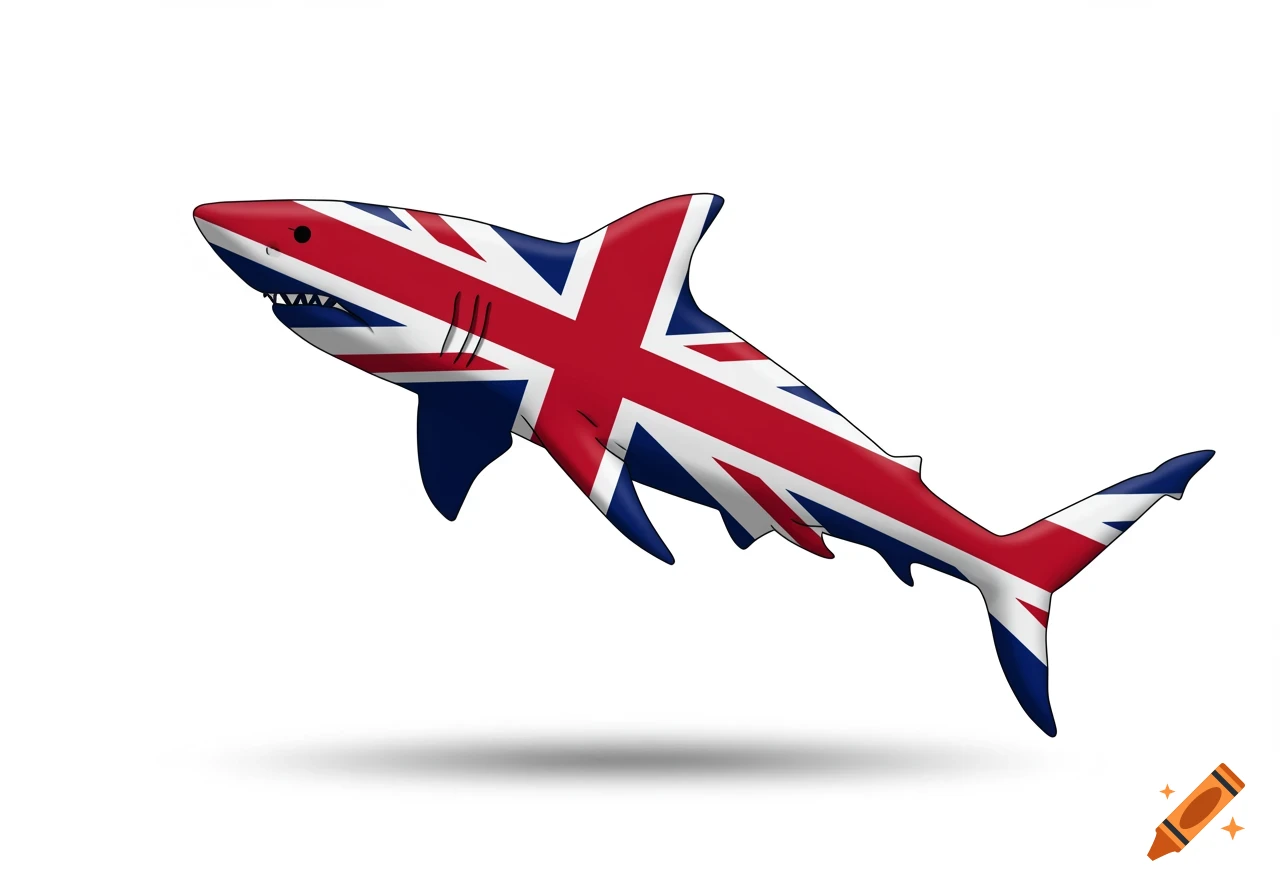 A shark with the Union Jack flag pattern, floating above a shadow on a white background.