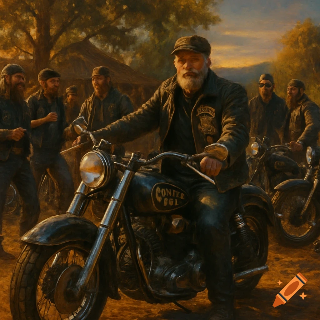 Painting of bearded men in a motorcycle club, with one on a bike in the foreground.