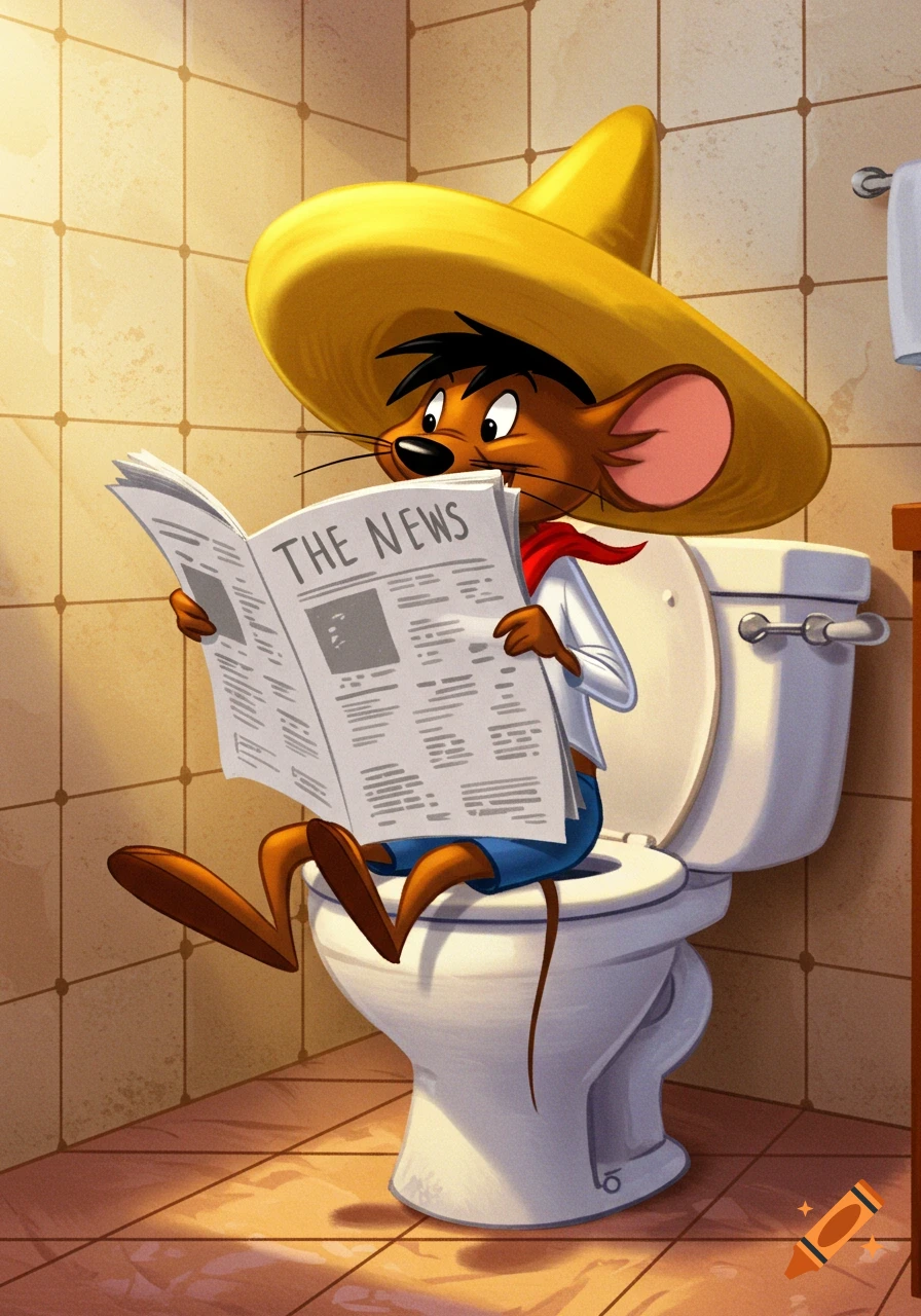 Cartoon character Speedy Gonzales sits on a toilet, wearing a sombrero and reading a newspaper, in a tiled bathroom.