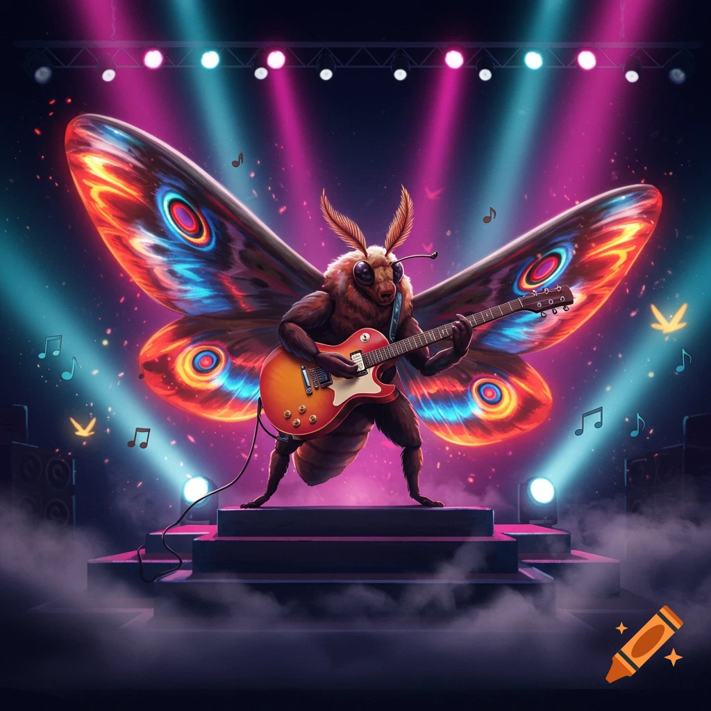 A large, anthropomorphic moth with colorful wings plays an electric guitar on a brightly lit concert stage.