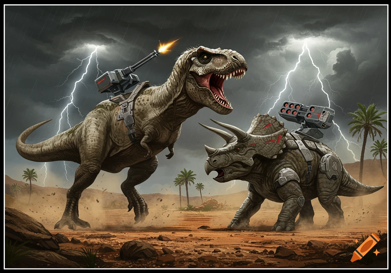 A T-Rex with a machine gun and a Triceratops with missile launchers face off in a stormy, lightning-struck desert.