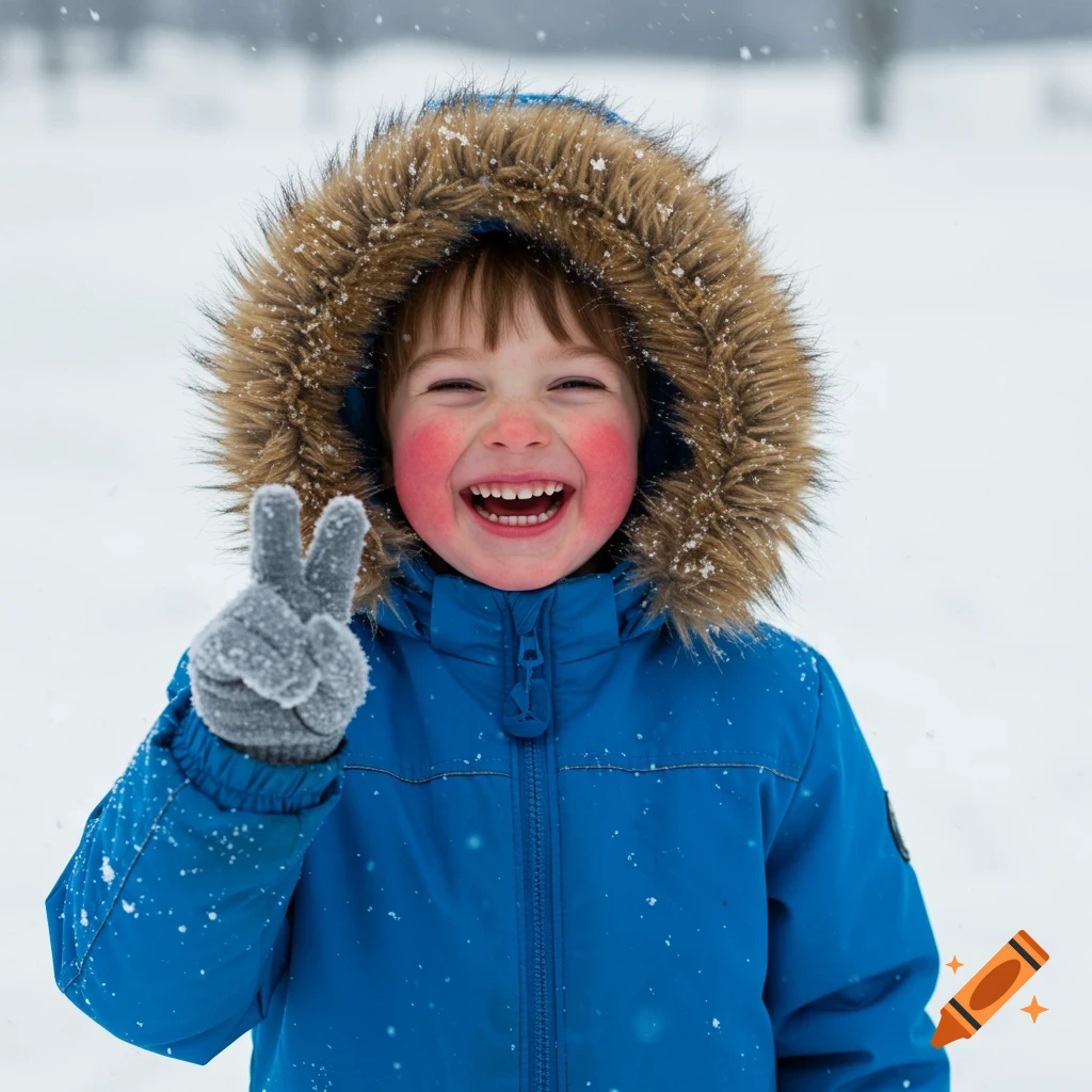 A smiling child with red cheeks in a blue winter coat and fur-lined hood makes a peace sign in falling snow.