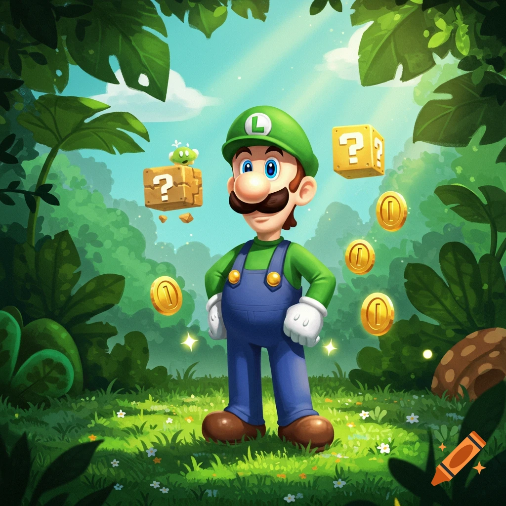 Luigi stands in a vibrant jungle setting surrounded by floating question blocks and coins, in a cartoon style.