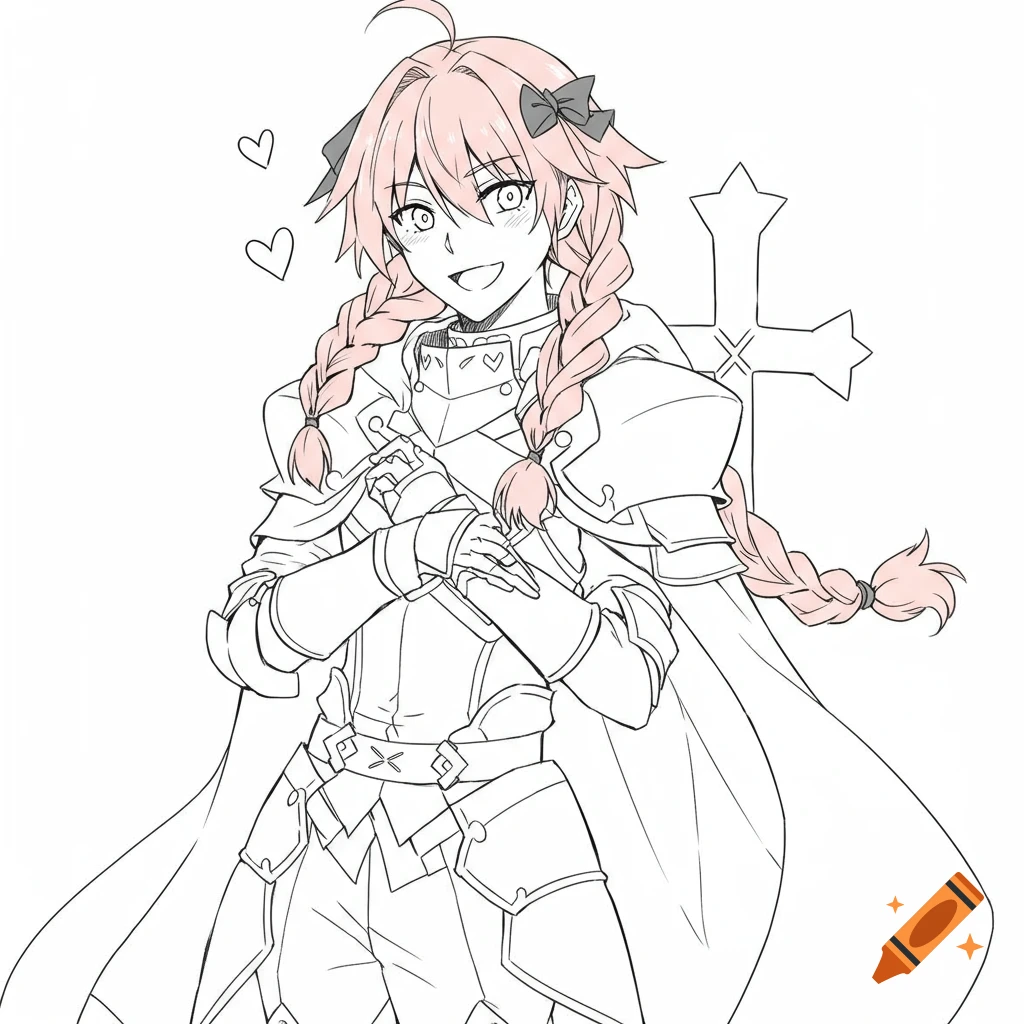 Line art drawing of the anime character Astolfo with pink braided hair, smiling and wearing armor with a cape.