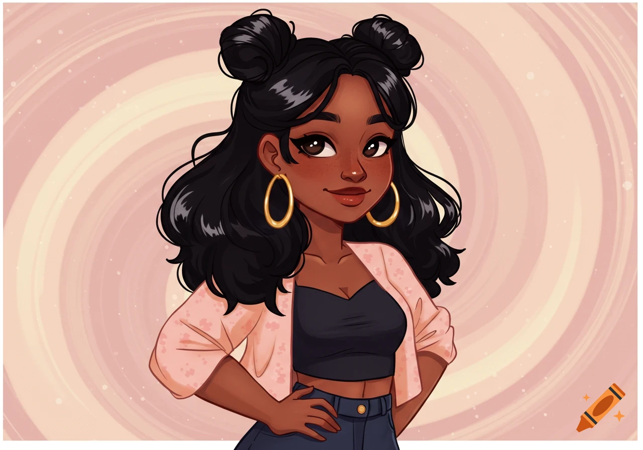 A cartoon portrait of a dark-skinned woman with black hair in space buns and hoop earrings, wearing a black crop top and pink jacket.