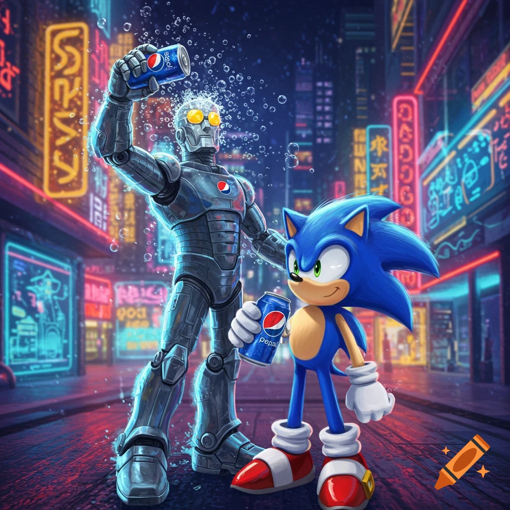 Pepsiman and Sonic the Hedgehog holding Pepsi cans in a vibrant neon-lit cyberpunk city street at night.