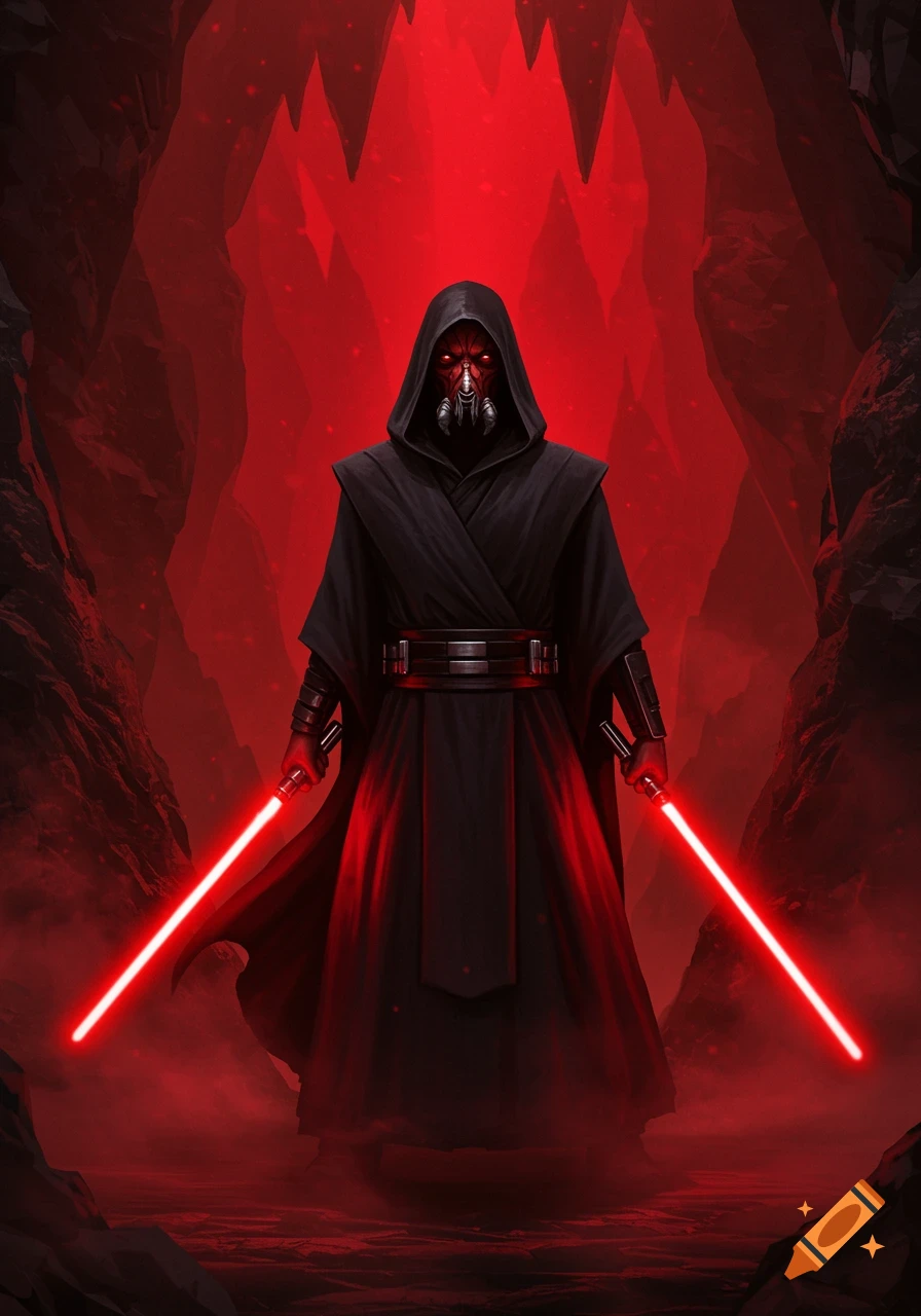 A menacing Kel Dor Sith Lord wearing a black hooded robe and holding two red lightsabers in a dark, red-lit cavern, digital art style.