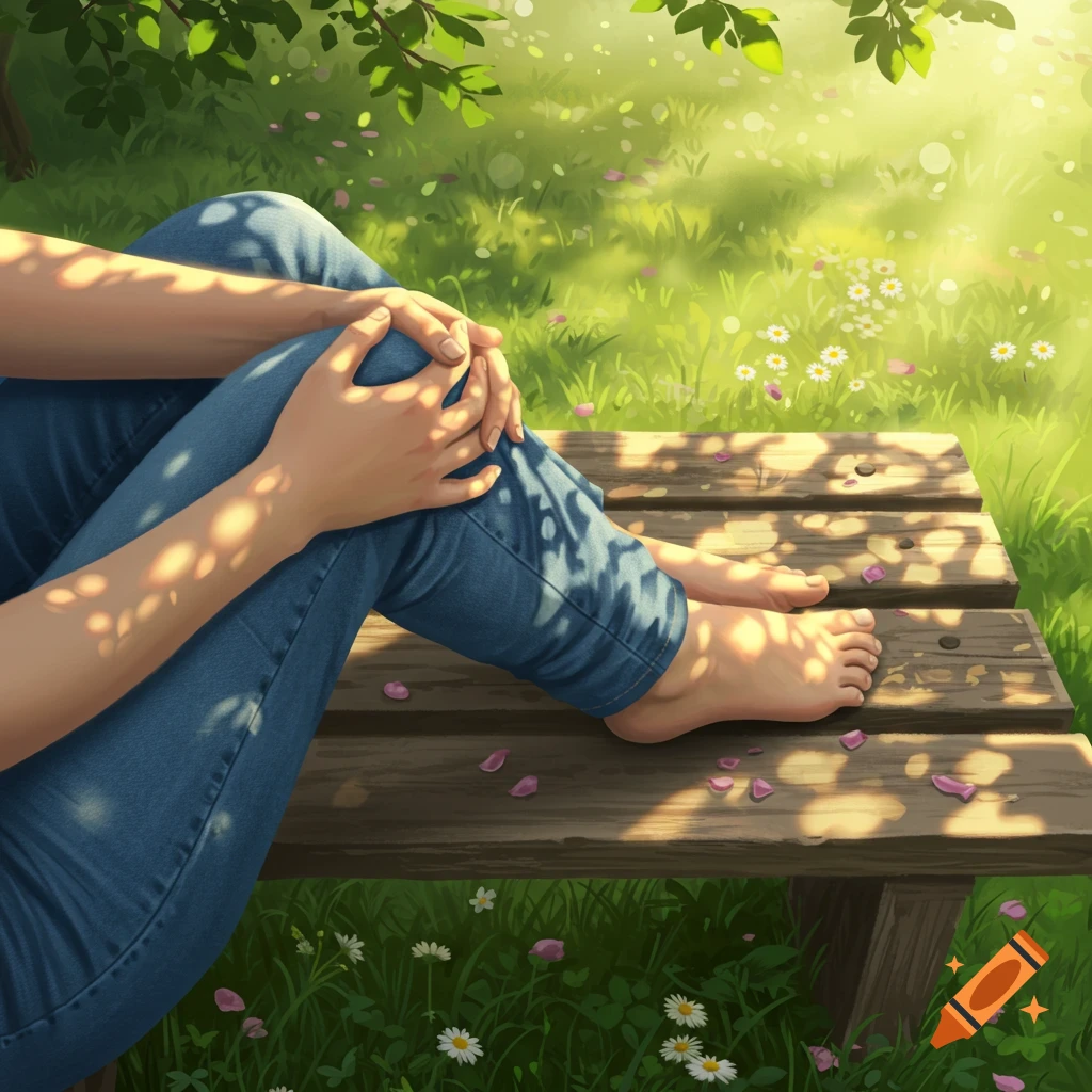 A person in blue jeans sits on a wooden bench in a sunny park, hands on knees, dappled sunlight on legs and feet, surrounded by green grass and flowers.
