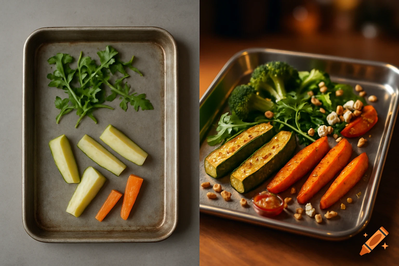 A split image of food on a baking sheet. The left side shows raw zucchini, carrots, and arugula. The right side shows roasted zucchini and carrots, broccoli, arugula, nuts, and sauce.