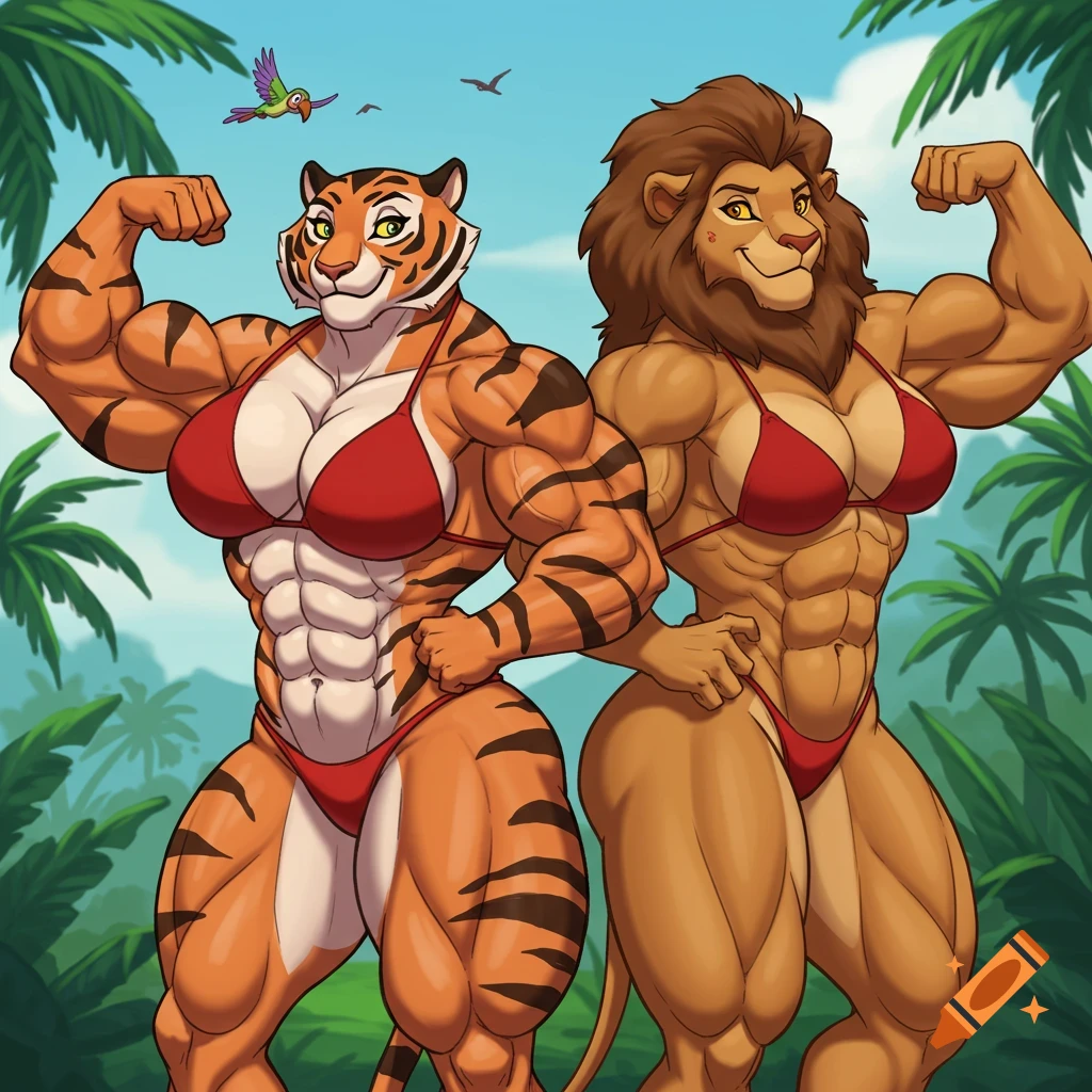 A muscular anthropomorphic tigress and lioness in red bikinis flexing their muscles in a jungle setting, cartoon style.
