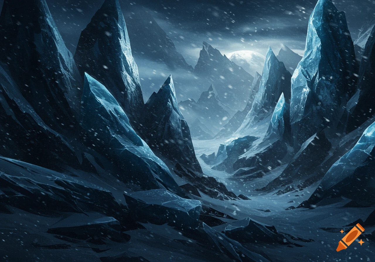 Dark, jagged ice peaks rise under a full moon in a snowy, desolate winter landscape.