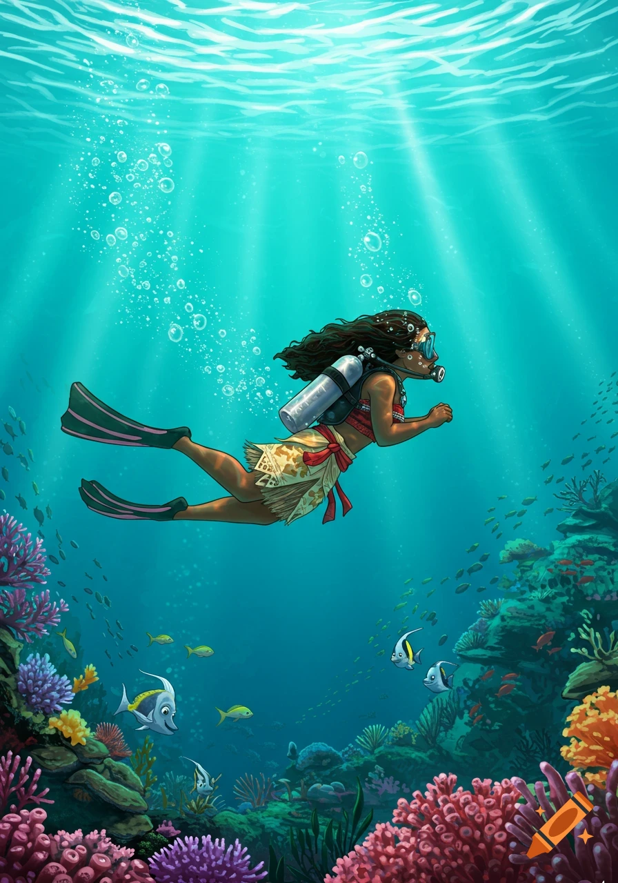 Cartoon illustration of Moana scuba diving through a vibrant coral reef, with schools of fish and sunlight filtering through the water.