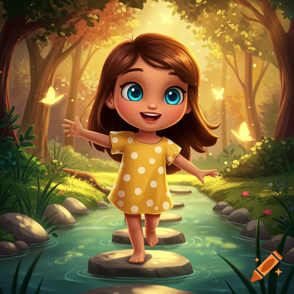 A cartoon girl with brown hair and blue eyes walks barefoot on stepping stones across a stream in a bright, sunlit forest with glowing butterflies.