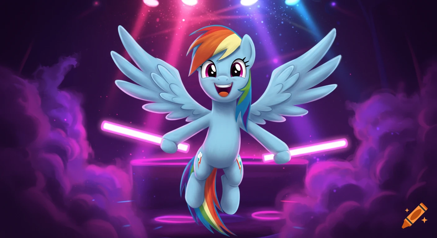 Rainbow Dash from My Little Pony smiles with wings spread, dancing in a neon-lit club with pink and blue lights.