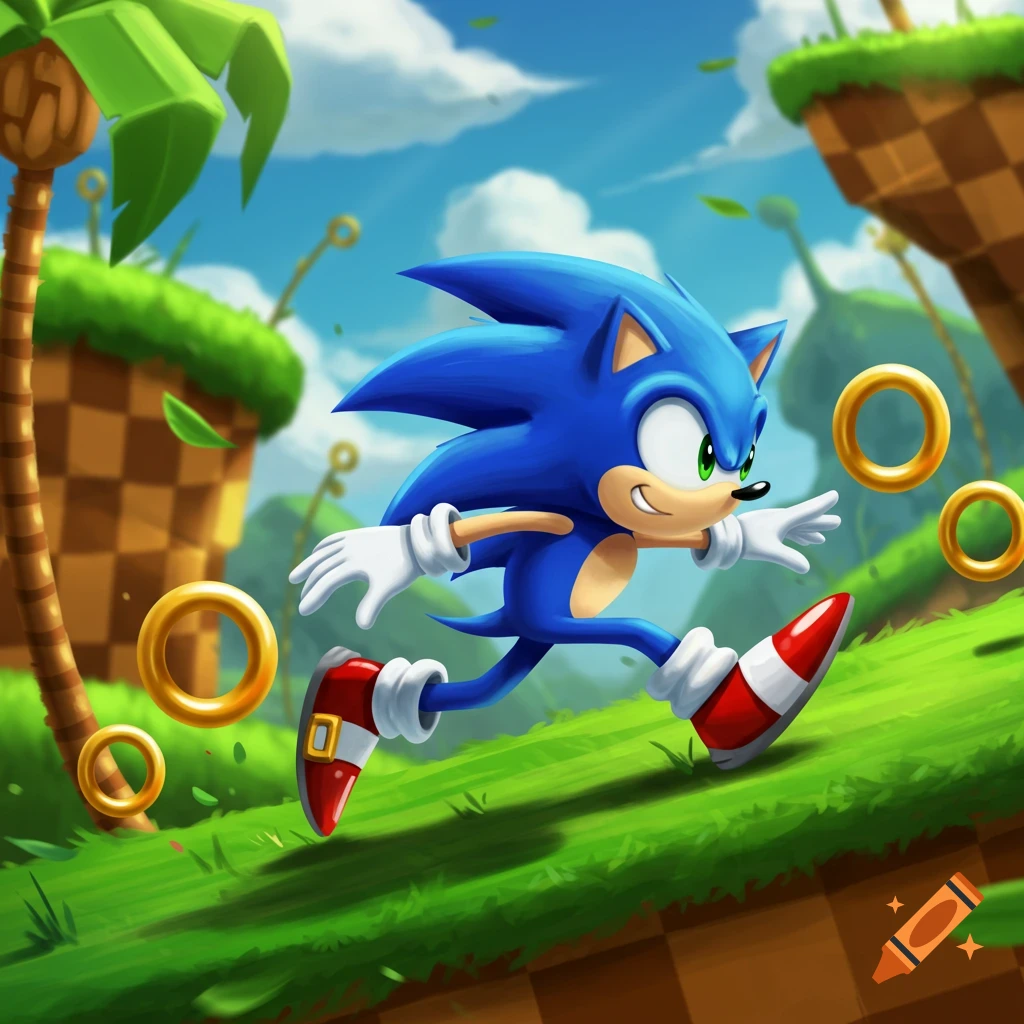 Sonic the Hedgehog runs through a vibrant, cartoon-style Green Hill Zone, collecting golden rings.
