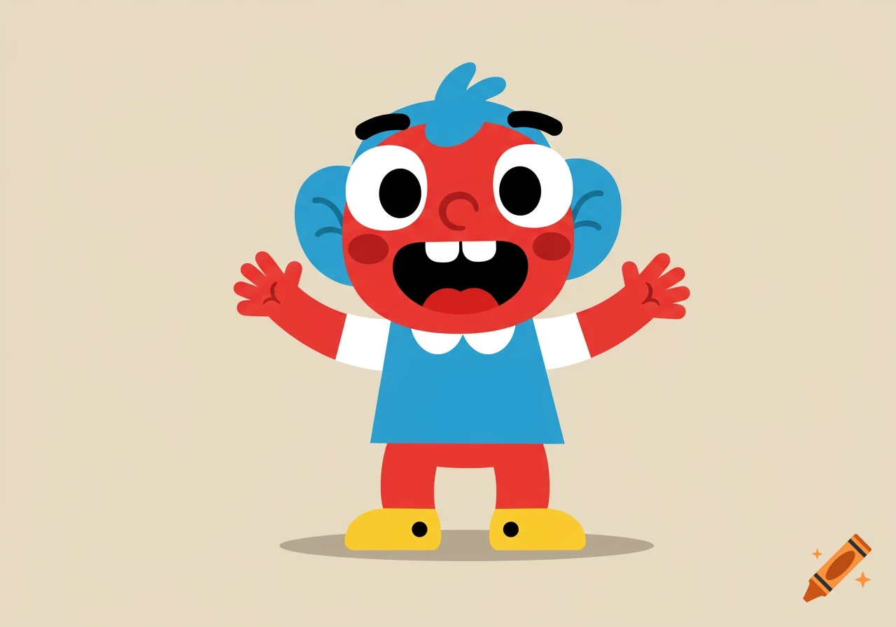 A cute, red cartoon character with blue hair, a blue tunic, and yellow shoes, smiling with arms wide open in a simple, flat design style.