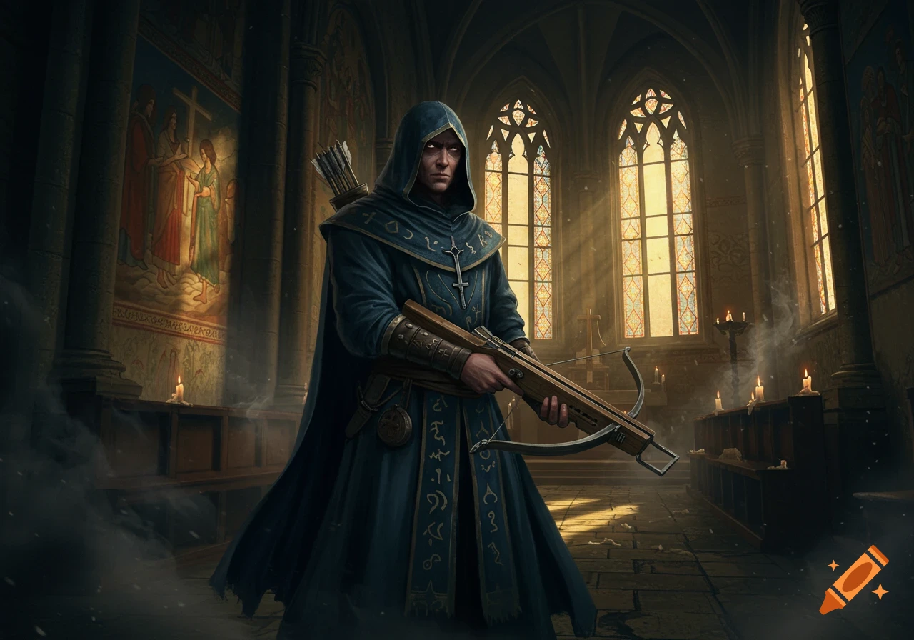 A hooded cultist with a crossbow stands in a dark, ornate church with light streaming through stained glass windows.