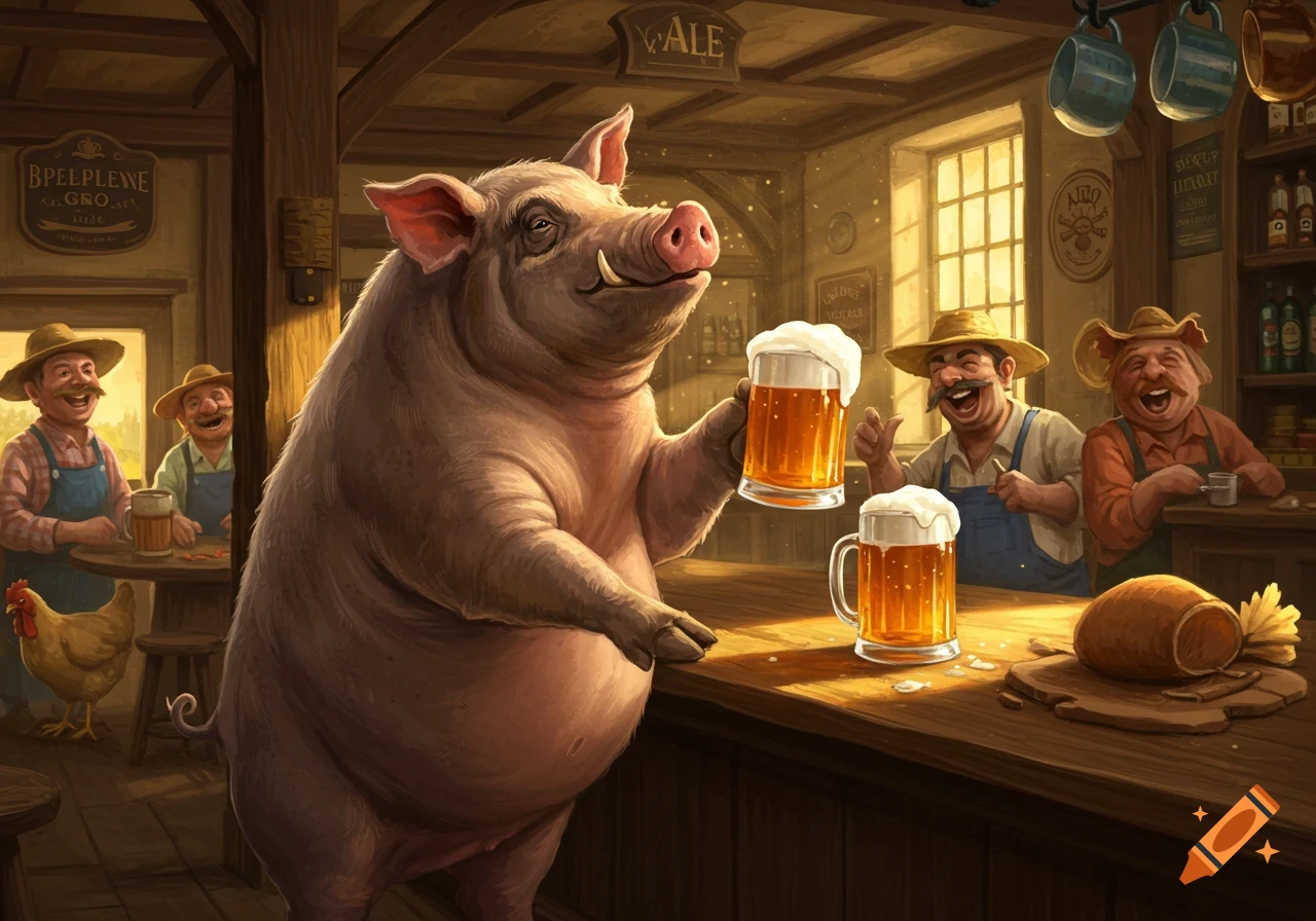 A smiling pig stands at a wooden bar, holding up a frothy mug of beer in a rustic pub. Several jovial farmers laugh in the background, one also holding a beer. A chicken is near a table on the left.