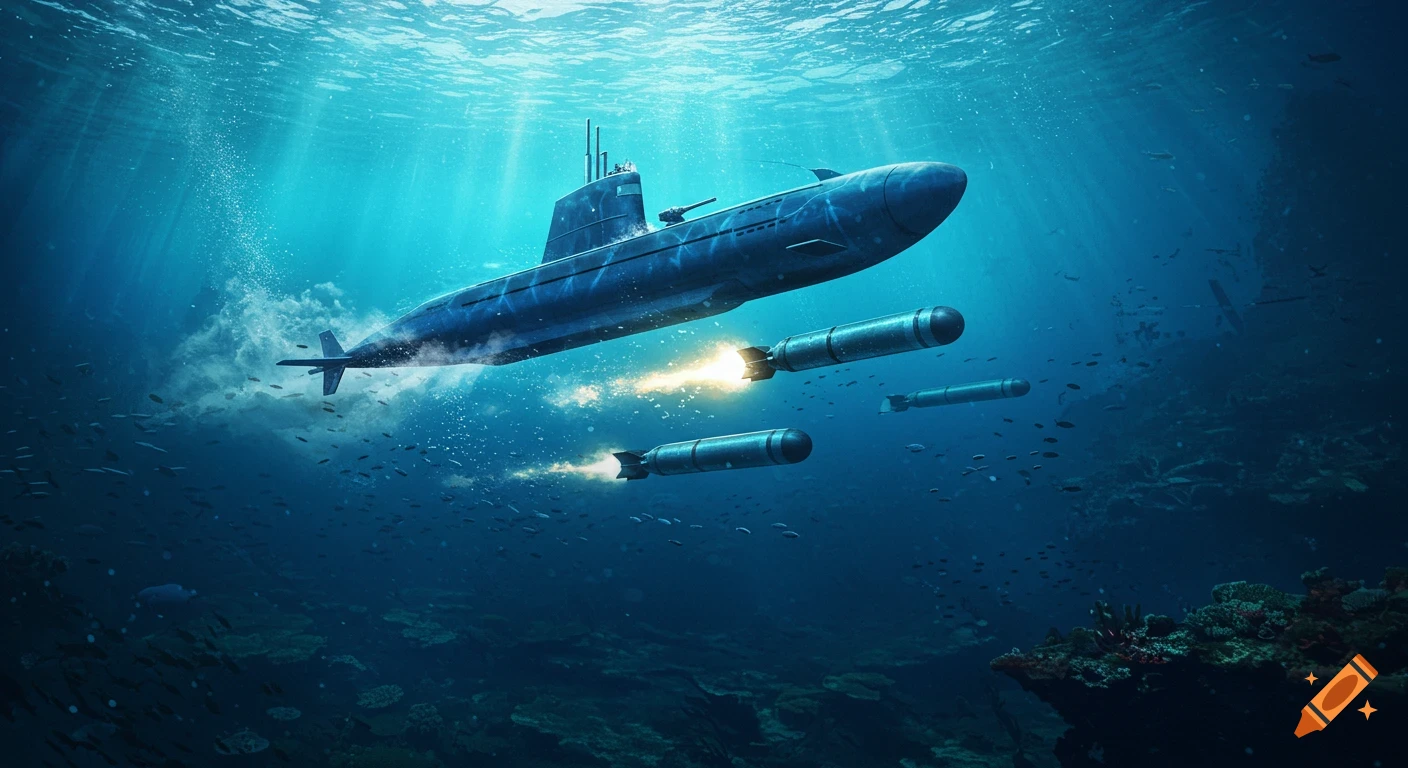 A large blue submarine fires two torpedoes, leaving fiery trails, while submerged in bright blue ocean waters filled with schools of fish.
