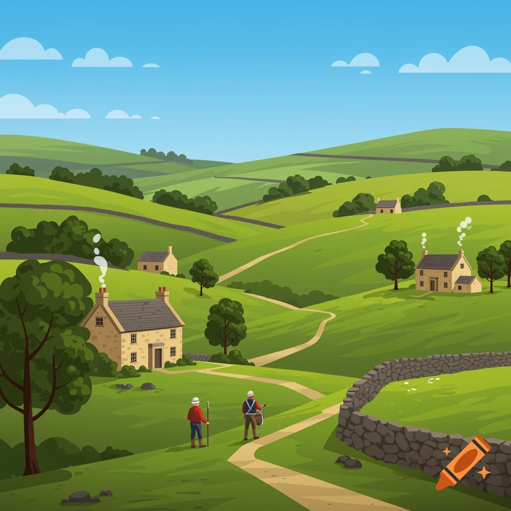 An idyllic, green hilly countryside with stone houses, winding paths, and two figures walking on a path under a blue sky, in an illustrative style.