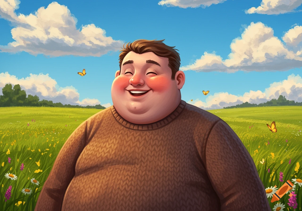 A cheerful, chubby man with rosy cheeks smiles broadly, standing in a vibrant green field under a blue sky with white clouds and butterflies, in a cartoon style.