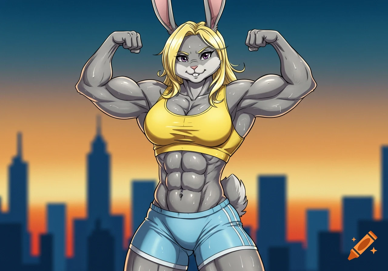 Muscular blonde humanoid rabbit in yellow sports bra and blue shorts flexing biceps, anime webcomic style, city sunset background.