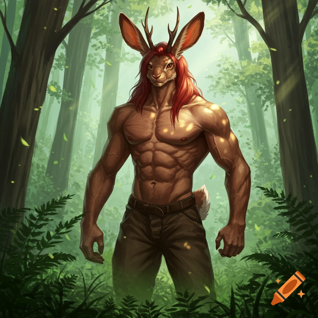 A muscular anthropomorphic rabbit with deer antlers and long red hair stands in a bright forest.