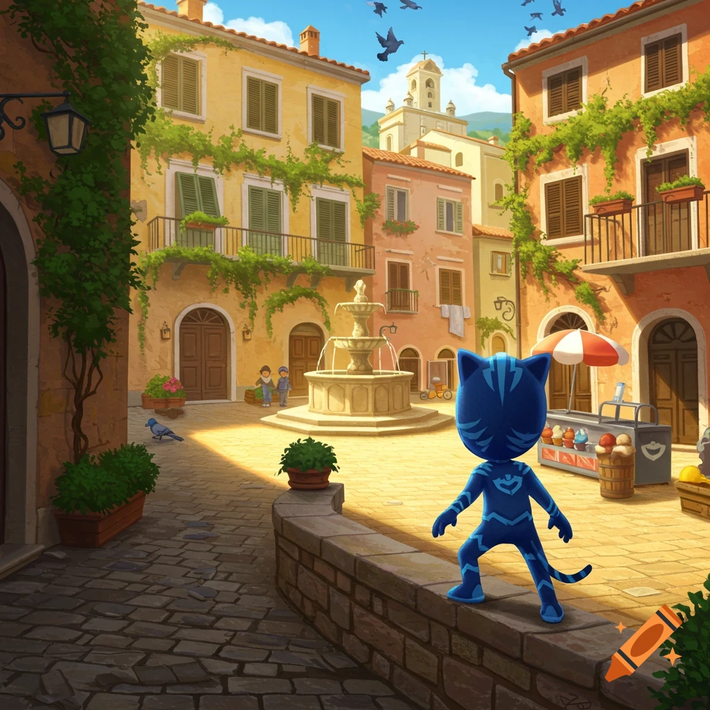 Cartoon character Catboy standing on a stone wall in a sunny Italian town square with a fountain and buildings.