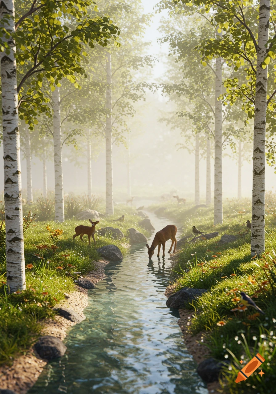 A photorealistic image of deer in a misty birch forest with a winding stream.