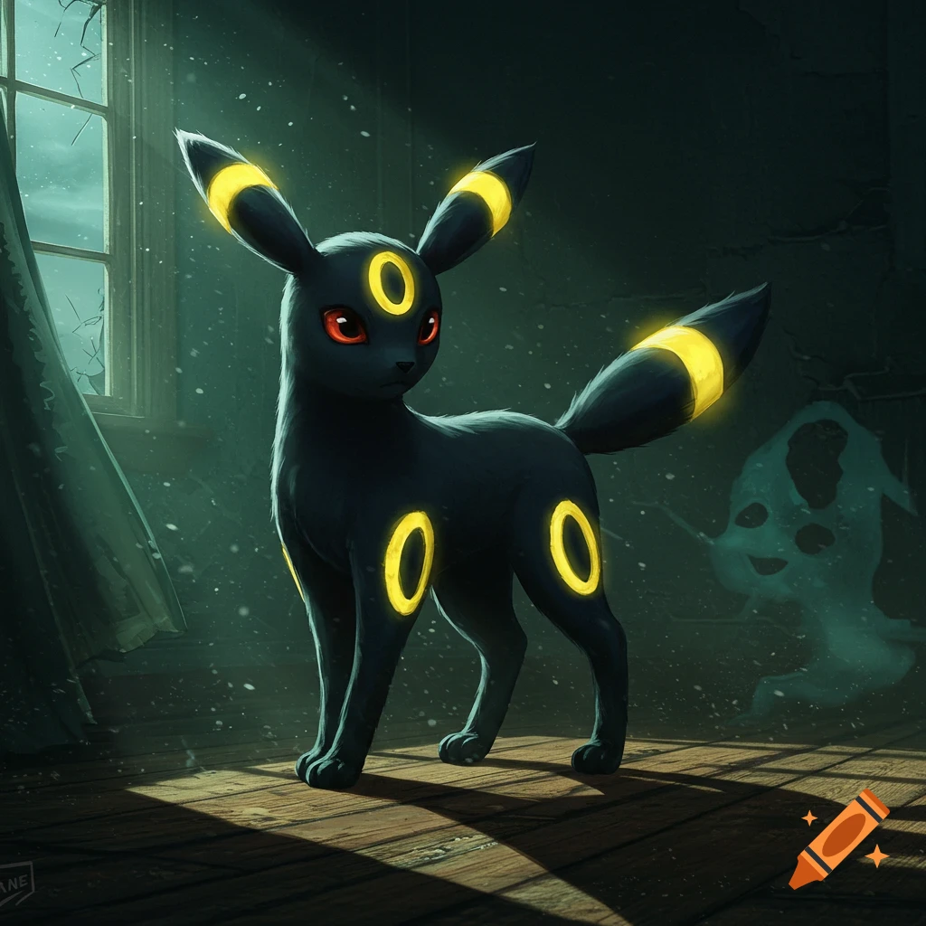A sleek black Umbreon with glowing yellow rings stands in a dimly lit, dusty room with a cracked window and a faint ghost figure.