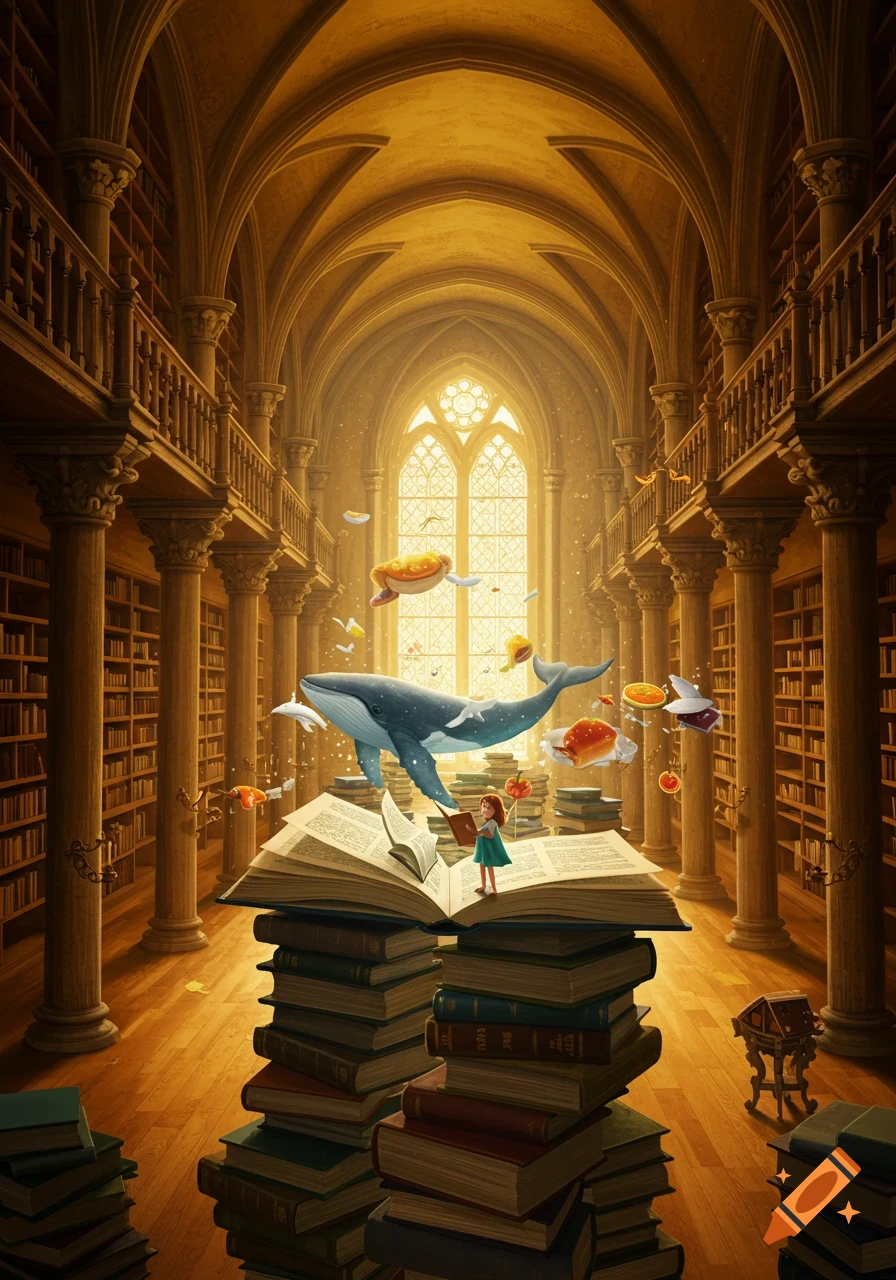 A small girl reads on a stack of books in a grand, ancient library, as a whale, food, and houses float magically from the open book.